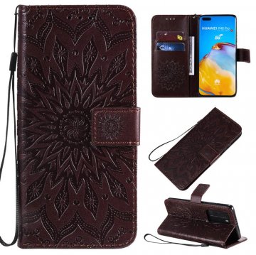 Huawei P40 Pro Embossed Sunflower Wallet Stand Case Brown