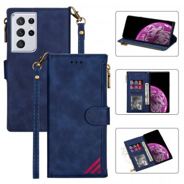 Samsung Galaxy S21/S21 Plus/S21 Ultra Zipper Wallet Magnetic Stitching Leather Case Blue