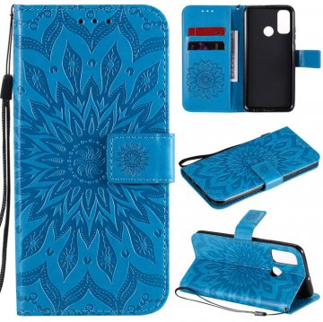 Huawei P Smart 2020 Embossed Sunflower Wallet Stand Case Blue