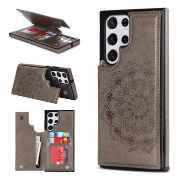 Mandala Embossed Samsung Galaxy S23 Ultra Case with Card Holder Gray