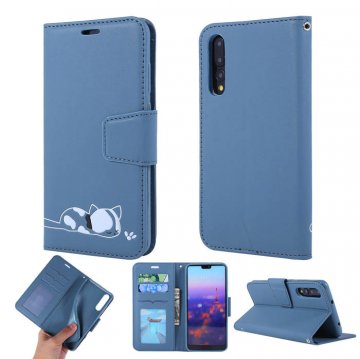 Huawei P20 Pro Cat Pattern Wallet Magnetic Stand Case Blue