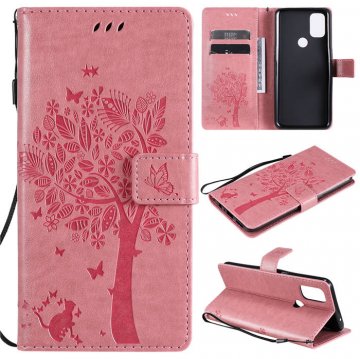 OnePlus Nord N10 5G Embossed Tree Cat Butterfly Wallet Stand Case Pink