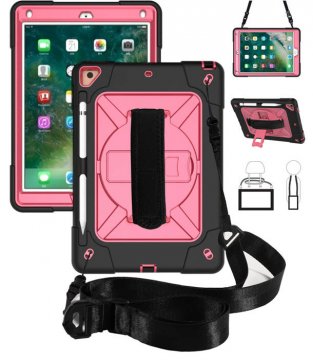 iPad 9.7 inch 2018/2017 Kickstand Hand Strap and Detachable Shoulder Strap Cover Black + Rose
