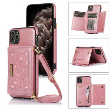 Bling Crossbody Bag Wallet iPhone 11 Pro Case with Lanyard Strap Rose Gold