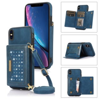 Bling Crossbody Bag Wallet iPhone X/XS Case with Lanyard Strap Blue