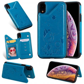 iPhone XR Bee and Cat Embossing Magnetic Card Slots Stand Cover Blue