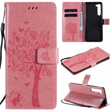 Motorola Edge Embossed Tree Cat Butterfly Wallet Stand Case Pink