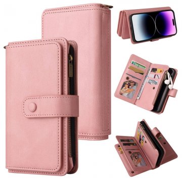 Multi-Functional Zipper Wallet 15 Card Slots Stand Leather Phone Case Pink