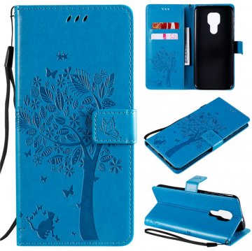 Motorola Moto G9 Play Embossed Tree Cat Butterfly Wallet Stand Case Blue