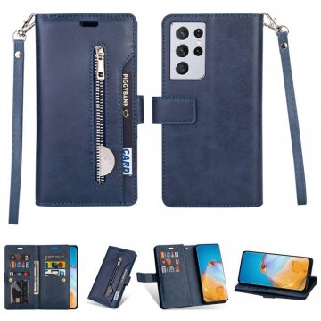 Samsung Galaxy S21/S21 Plus/S21 Ultra Zipper Pocket Wallet Stand Case Blue