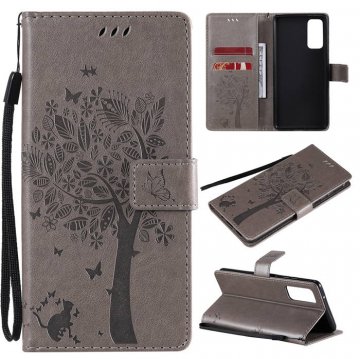 Samsung Galaxy S20 FE Embossed Tree Cat Butterfly Wallet Stand Case Gray