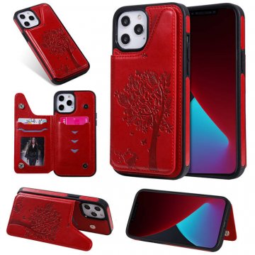 iPhone 12 Pro Max Embossed Tree Cat Magnetic Clasp Wallet Stand Case Red