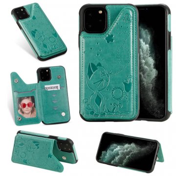 iPhone 11 Pro Max Bee and Cat Embossing Card Slots Stand Cover Green