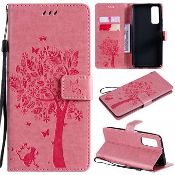 Huawei P Smart 2021 Embossed Tree Cat Butterfly Wallet Stand Case Pink