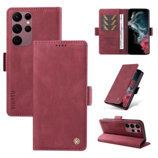 YIKATU Samsung Galaxy S22 Ultra Skin-touch Wallet Kickstand Case Wine Red