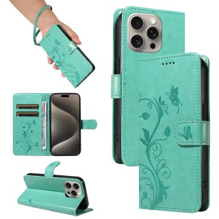 Embossed Flower Butterfly Wallet Magnetic Stand Phone Case Green