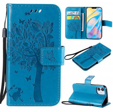 iPhone 12 Mini Embossed Tree Cat Butterfly Wallet Stand Case Blue