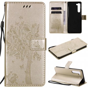 Motorola Edge Embossed Tree Cat Butterfly Wallet Stand Case Gold