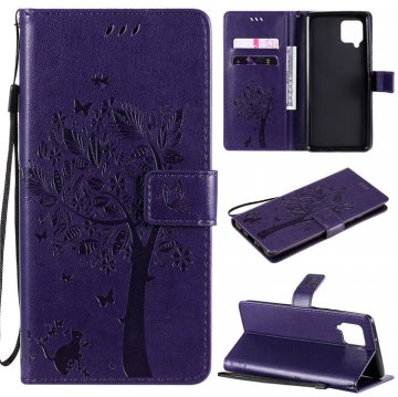 Samsung Galaxy A42 5G Embossed Tree Cat Butterfly Wallet Stand Case Purple