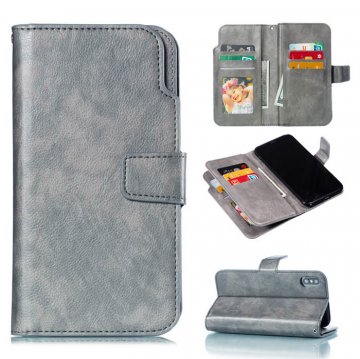iPhone XS Wallet 9 Card Slots Stand Crazy Horse Leather Case Gray
