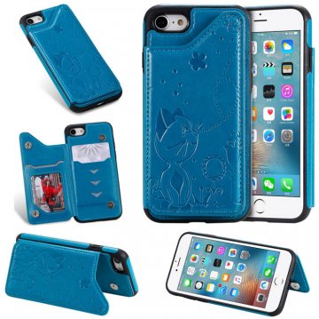 iPhone 7/8 Bee and Cat Embossing Magnetic Card Slots Stand Cover Blue