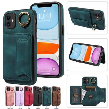 For iPhone 11 Card Holder Ring Kickstand PU Leather Case Green