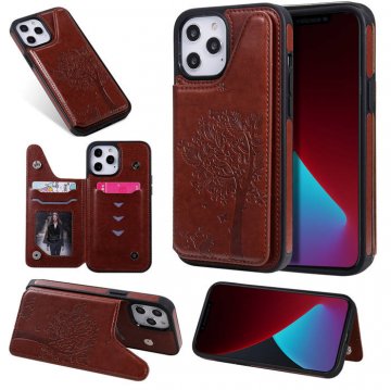 iPhone 12 Pro Max Embossed Tree Cat Magnetic Clasp Wallet Stand Case Brown