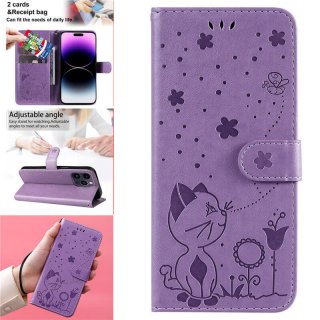 Embossing Bee and Cat Leather Wallet Magnetic Kickstand Case Purple