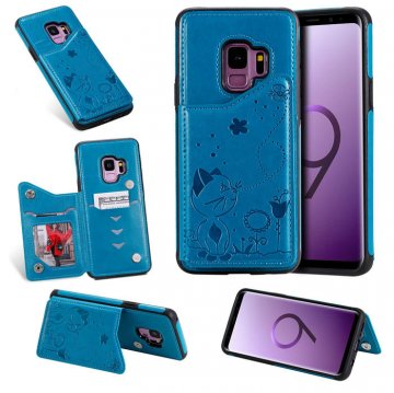 Samsung Galaxy S9 Bee and Cat Magnetic Card Slots Stand Cover Blue