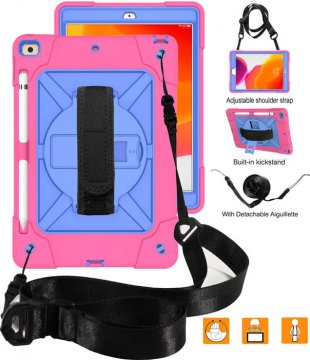 iPad 10.2 inch 2019 Kickstand Hand Strap and Detachable Shoulder Strap Shockproof Cover Rose Blue