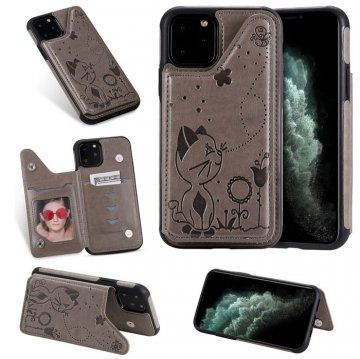 iPhone 11 Pro Max Bee and Cat Embossing Card Slots Stand Cover Gray