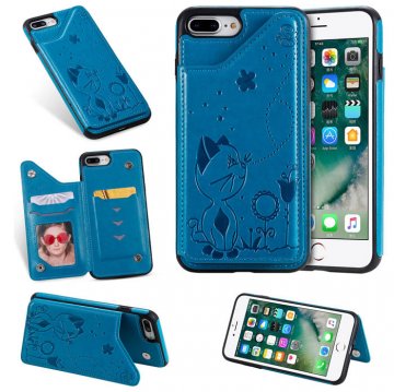 iPhone 7 Plus/8 Plus Bee and Cat Embossing Card Slots Stand Cover Blue