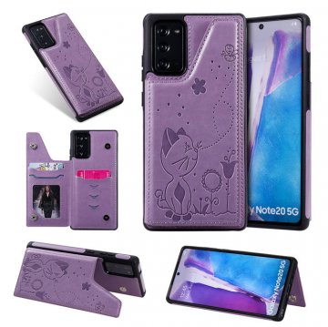 Samsung Galaxy Note 20 Luxury Bee and Cat Magnetic Card Slots Stand Cover Purple