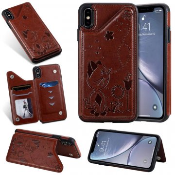 iPhone XS Max Bee and Cat Embossing Card Slots Stand Cover Brown