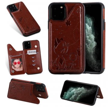 iPhone 11 Pro Max Bee and Cat Embossing Card Slots Stand Cover Brown