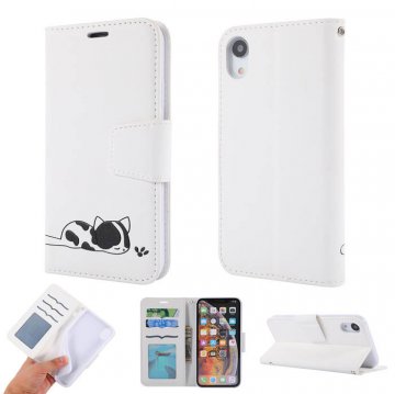 iPhone XR Cat Pattern Wallet Magnetic Stand PU Leather Case White