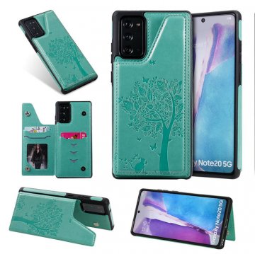 Samsung Galaxy Note 20 Embossed Tree Cat Magnetic Clasp Wallet Stand Case Green