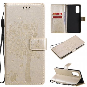 Samsung Galaxy S20 FE Embossed Tree Cat Butterfly Wallet Stand Case Gold