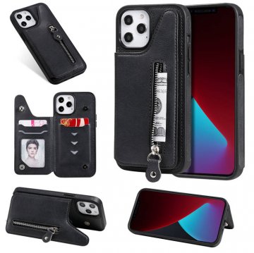 iPhone 12 Pro Max Zipper Pocket Card Slots Magnetic Clasp Stand Case Black