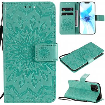 iPhone 12 Pro Embossed Sunflower Wallet Magnetic Stand Case Green