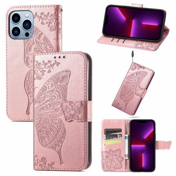 Butterfly Embossed Leather Wallet Kickstand Case Rose Gold For iPhone