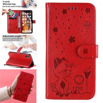 iPhone XS Max Embossed Cat Bee Wallet Magnetic Stand Case Red