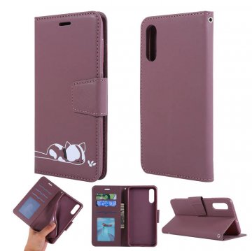 Samsung Galaxy A50 Cat Pattern Wallet Magnetic Stand Case Brown