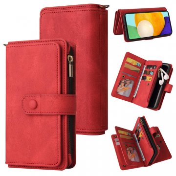 For Samsung Galaxy A72 Wallet 15 Card Slots Case with Wrist Strap Red