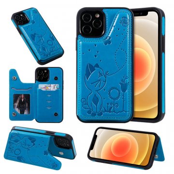 iPhone 12 Pro Luxury Bee and Cat Magnetic Card Slots Stand Cover Blue