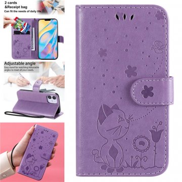 iPhone 12 Embossed Cat Bee Wallet Magnetic Stand Case Purple