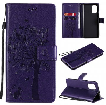 OnePlus 8T Embossed Tree Cat Butterfly Wallet Stand Case Purple