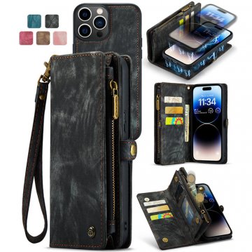 CaseMe iPhone 14 Pro Max Zipper Wallet Case with Wrist Strap Black
