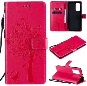 Xiaomi Mi 10T/10T Pro Embossed Tree Cat Butterfly Wallet Stand Case Rose