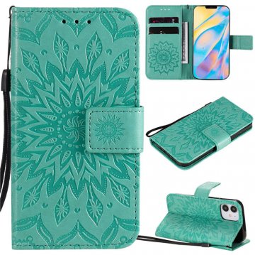 iPhone 12 Mini Embossed Sunflower Wallet Magnetic Stand Case Green